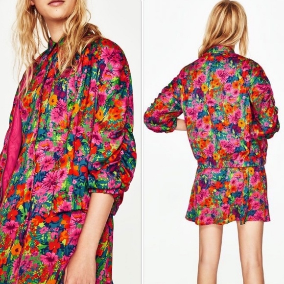Zara Jackets & Blazers - Zara Neon Pink Floral Zip Crop Pockets Jacket M